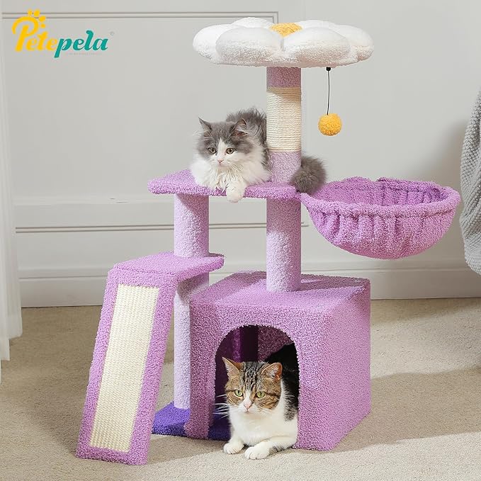 PETEPELA Flower Cat Tree for Indoor Cats, 32'' Small Cat Tower Cat Condo with Sisal Scratching Ramp, Cozy Hammock and Removable Flower Bed Perch for Kittens, Purple