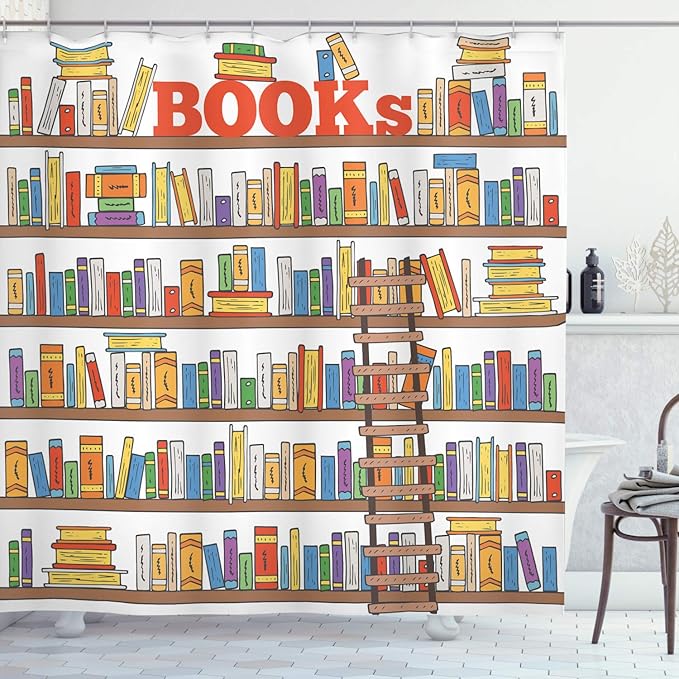 Ambesonne Modern Shower Curtain, Library Bookshelf a Ladder Campus Life Caricature Illustration, Cloth Fabric Bathroom Decor Set with Hooks, 69" W x 70" L, White Coral Multicolor