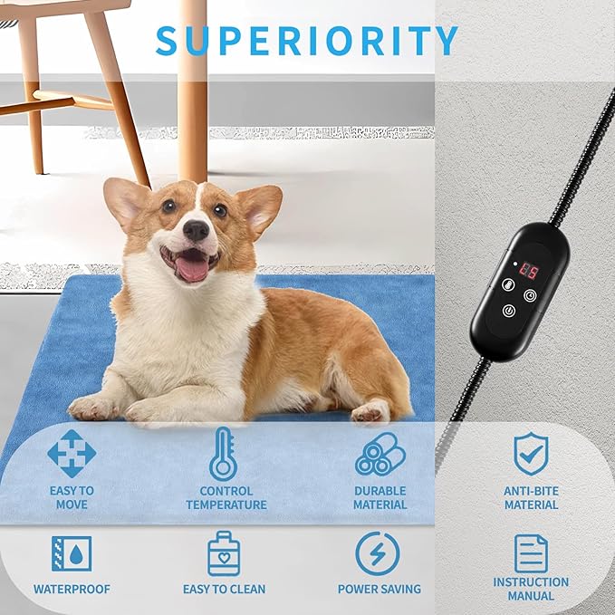 Pet Heating Pad for Cats,2 Velevt Covers Indoor Outdoor Waterproof Electric Heated Pad Mat for Dogs with Chew Resistant Cord,5 Timer and 6 Level Temperature Pet Bed Warmer-17.7x17.7