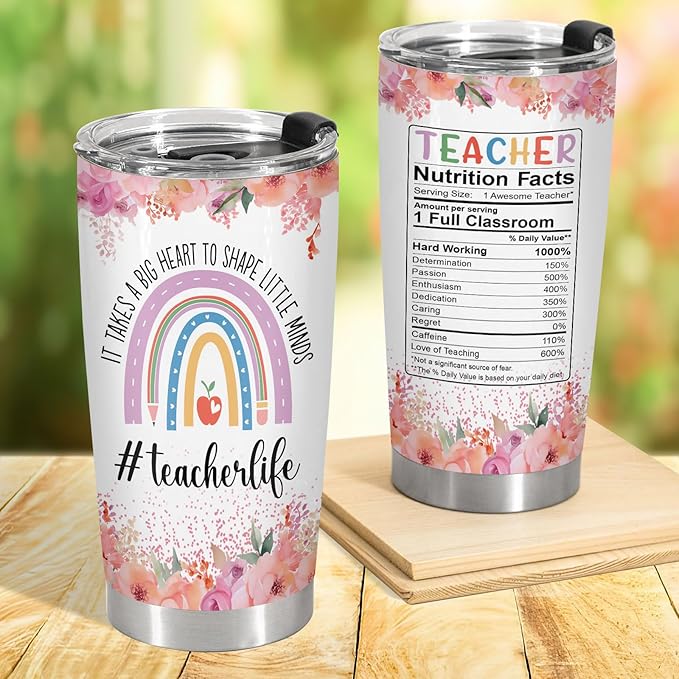 34HD Teacher Tumbler with Lid, 20oz Stainless Steel Coach Life Mug, It Takes Big Heart To Shape Little Minds Cup, Unique Gifts for Teacher Appreciation Birthday Christmas School