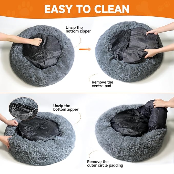 Small Dog Bed,Cat Beds for Indoor Cats, Removable Cat Bed, Fluffy Round Pet Bed Non-Slip, Calming Soft Plush Donut Cuddler Cushion Self Warming for Small Dogs Kittens, Dark Grey, Large