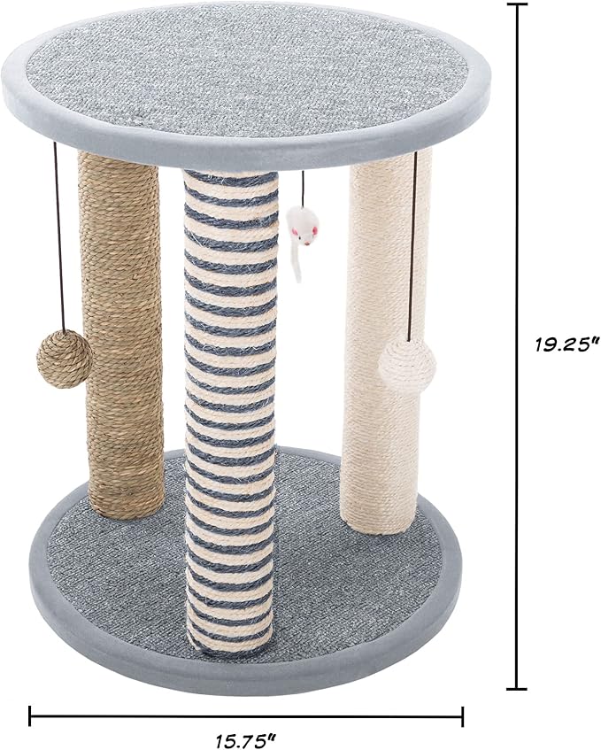 Cat Scratching Post - 3 Scratcher Posts with Carpeted Scratch Pad Base and Perch - Furniture Scratching Deterrent for Indoor Cats by PETMAKER (Gray)