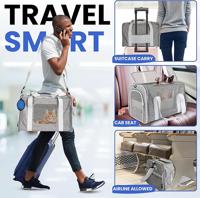 Airline-Approved Cat Carrier with Litter Box, 17x11x12” Soft Travel Litterbox up to 18 lbs Cats, Large Portable Carrier for Long Car Trips, Comes with Litter Scoop, Water Bowl, Pet ID & Cat Toy