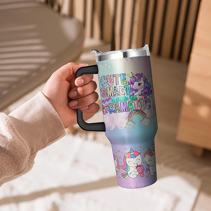 40 Oz Unicorn Tumbler with Handle and Straw, Unicorn Cup Double Wall Stainless Steel Unicorn Mug, Leak Proof Unicorn Water Bottles for Girls, 40 Oz Unicorn Insulated Cup and Unicorn Gifts for Women