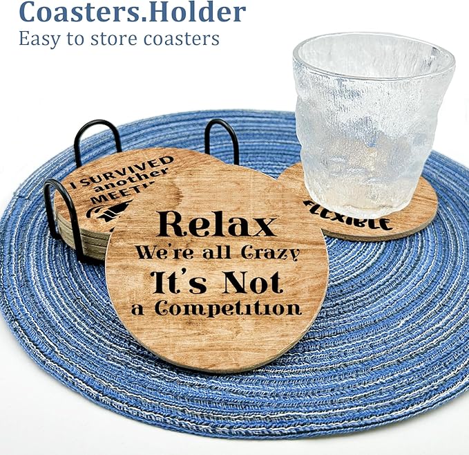 6 Pcs with Holder Drink Cork Coasters,Funny Office Gifts for Coworkers,Novelty Gifts for New Colleagues Employees Boss,Office Desk Coasters,Humorous Christmas Birthday Gifts for Men Women