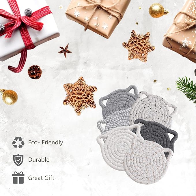 Adorable Cat Decor Drink Coasters: Set of 6 Cotton Coasters for Lovers, Funny and Novelty Office Supplies, Housewarming Gift, Gray