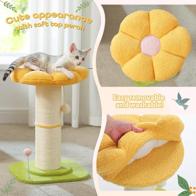 PEQULTI Flower Cat Scratching Post, Small Cat Tree, Tall Cat Scratcher for Indoor Cats with Super Thick Scratching Post [Dia=5.5''], Removable Flower Cat Bed, Cat Scratch Post with Spring Ball, Yellow