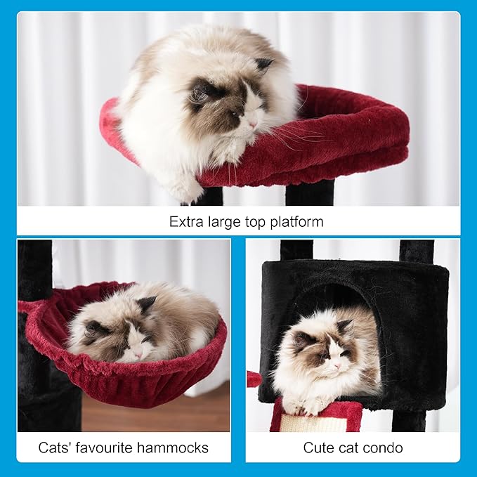 Hey-brother Gothic Cat Tree with Scratching Board, Cat Tower with Padded Plush Perch and Cozy Basket, Multi-Platform for Jump, Black and Red MPJ005BR