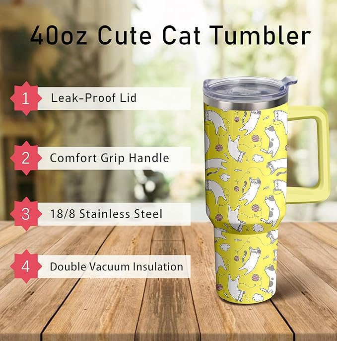 40oz Cute Cat Tumbler with Handle and Straw, Stainless Steel Insulated Cup with Lid, Travel Coffee Mug Water Bottle, Birthday Mothers Day Gifts for Women Men Animal Lovers