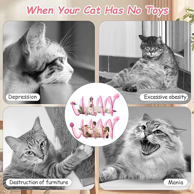 2 Packs Folded Cats Tunnel, Cats Tunnels Toy for Indoor Cats Collapsible Tubes Plays Tunnel Spring Exercise Pet Tunnel Bed Interactive with Toys Feather Mouse Attract Kitten Pink