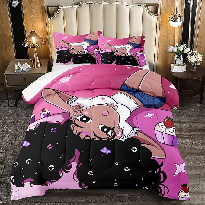 African American Comforter Sets for Girls, Black Girls Kids Comforter Sets 2 Piece Pink Twin Size Bedding with 1 Pillowcase