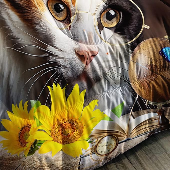 AILONEN Glasses Cat Print Bedding Set Queen Size with Sunflowers Vintage Items Books Comforter Set for Boys Girls,Retro Wooden Style Soft Breathable Duvet Set 3 Pieces, 1 Quilt and 2 Pillowcases