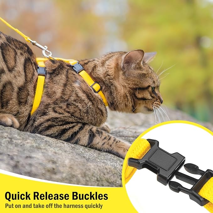 PUPTECK Adjustable Cat Harness and Leash Set Escape Proof Kitten Strap Collar for Walking Travel, Yellow, M