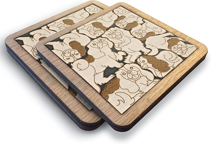02 Cavalier King Charles Spaniel Dog Coaster - Cavalier Dog Puzzle Wooden Coaster Set - Interlocking Jigsaw Drink Mats with Laser-Cut Design for King Dog Lovers