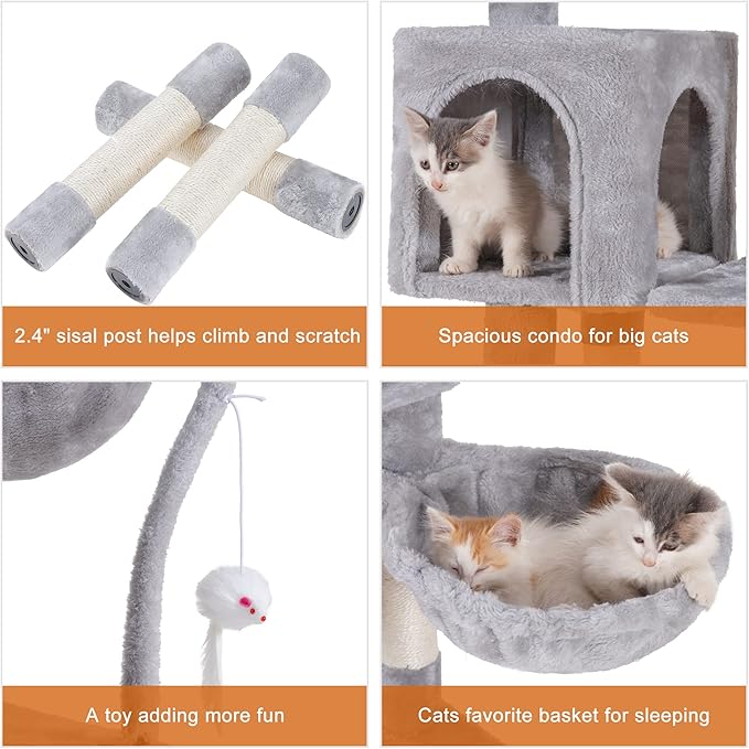 Heybly Cat Tree with Toy, Cat Tower Condo for Indoor Cats, Cat House with Padded Plush Perch, Cozy Hammock and Sisal Scratching Posts, Light Gray HCT004SW