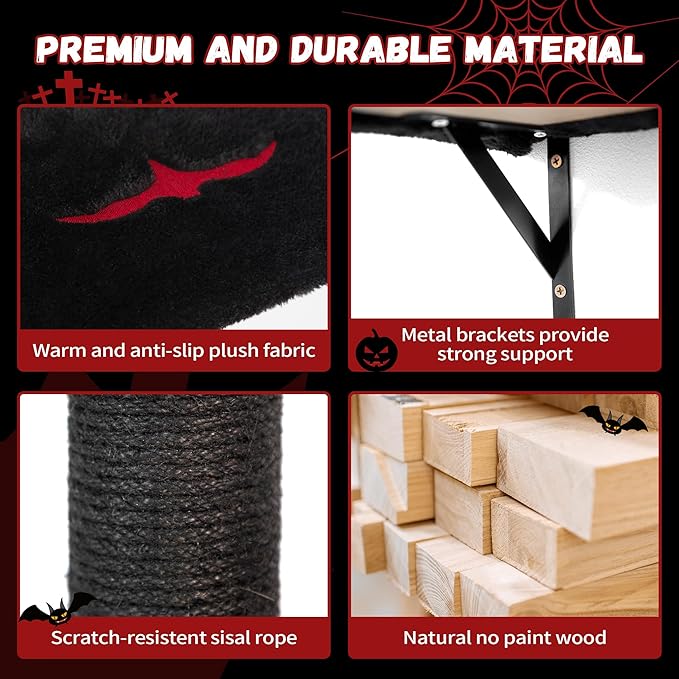 COZIWOW Cat Wall Shelves, Wall-Mounted Cat Climber Set of 5, Floating Cat Perches, Hanging Cat Beds, Modern Cat Furniture for Large Cats or Kitty (Gothic)