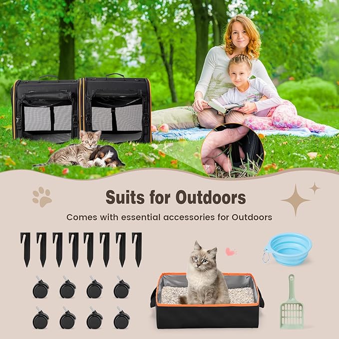 2-in-1 Cat, Dog Carrier for Pets up to 30 Lbs, Double Pet Carrier Car Travel Portable Twin Compartment Pet Kennel Dog Crate Set with Litter Box, Bowl for Outdoor Camping