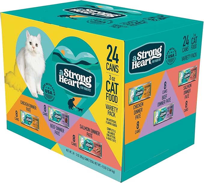 A Strong Heart Canned Wet Cat Food, Chicken, Beef and Salmon Variety Pack - 3 oz Cans (Pack of 24), Made in The USA with Real Chicken, Beef and Salmon