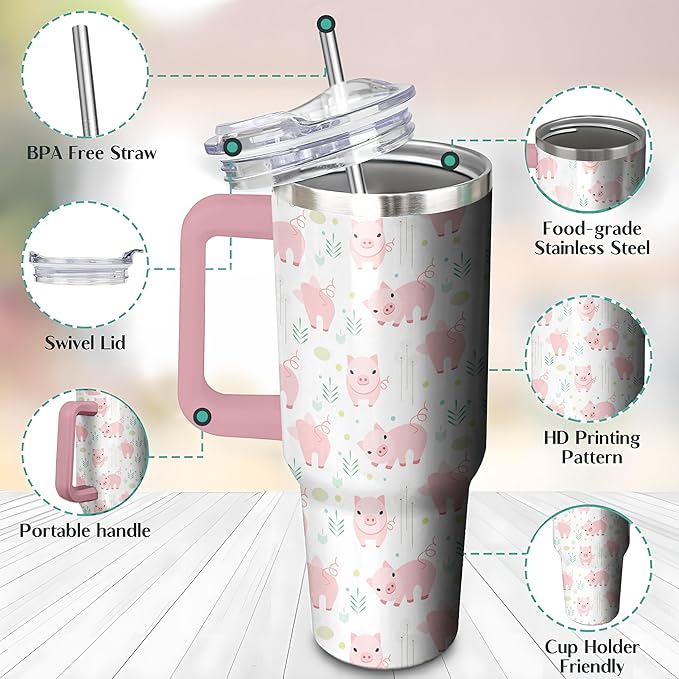 40 Oz Pig Tumbler with Handle and Straw, Double Wall Stainless Steel Pig Coffee Cup, Pig Mug Insulated Pig Cups for Women, 40 Oz Leak Proof Pig Coffee Mug for Women and Pig Gifts for Women
