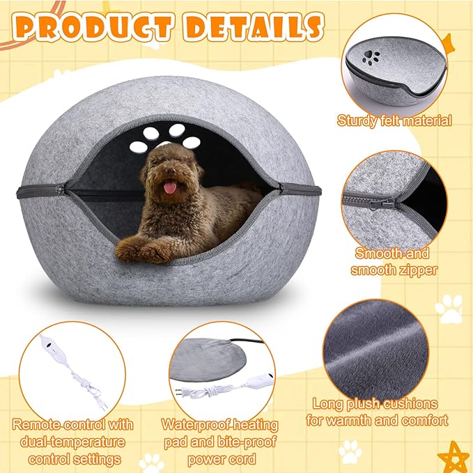 19.7 Inch Heated Cat Bed, Indoor Heated Cat Cave, Heated Cat Pad Cat Bed Warmer Thermal Pet Bed with Removable Waterproof Heater for Kitty Small Dogs Gray