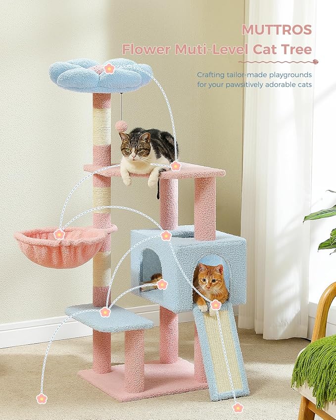 Flower Cat Tree 47.2" Multi-Level Cat Tower with Sisal Covered Scratching Posts, Cute Cat Condo for Indoor Small Medium Cats, Pink Top Perch, Ramp, Fluffy Ball, Blue