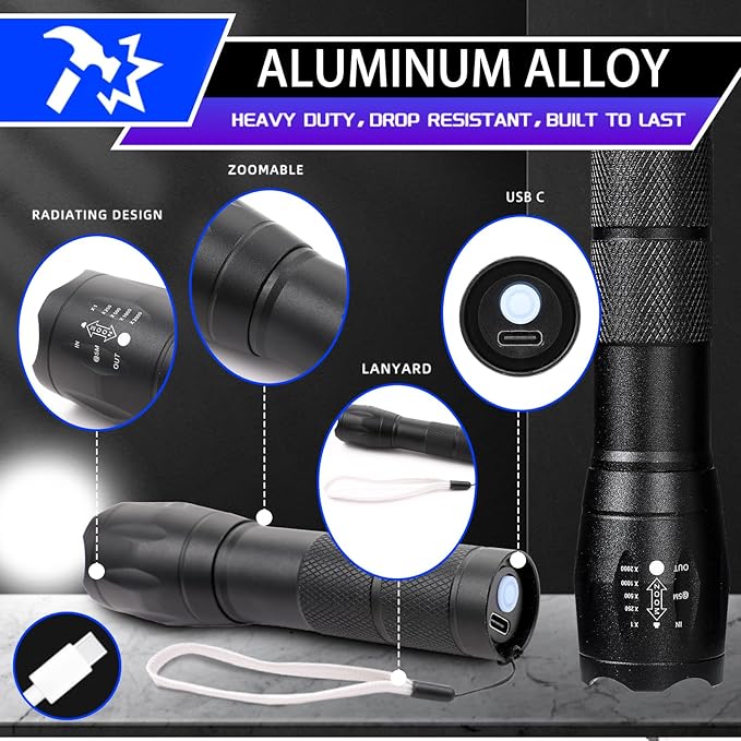 3 Pack LED Rechargeable Flashlight, Super Bright Small MiniCamping Flashlights Zoomable Beam, Convenient USB C Charging for Camping Hiking Outdoor Home Emergency