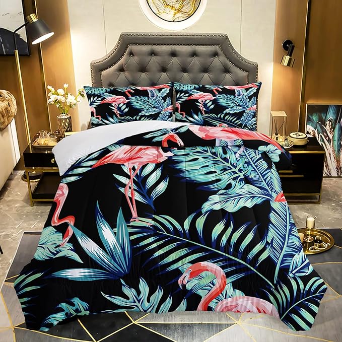 AILONEN Flamingo Comforter Set for Girls Kids, Tropical Flamingo Pattern Bedding Set Queen Size,Superior Quilt Ultra Soft,3 Piece 1 Comforter and 2 Pillowcases,Microfiber Fabric