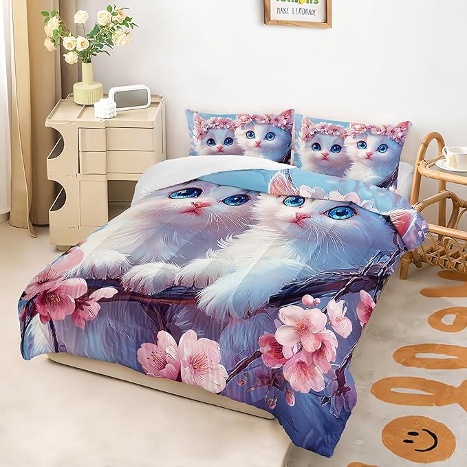AILONEN Kids Cute Cat Bedding Queen Size,Beautiful Fairy Cat Girls Comforter Set,Pink Flower Cat Comforter Set,Kawaii Cat Duvet,1 Comforter with 2 Pillowcases,3 Pieces