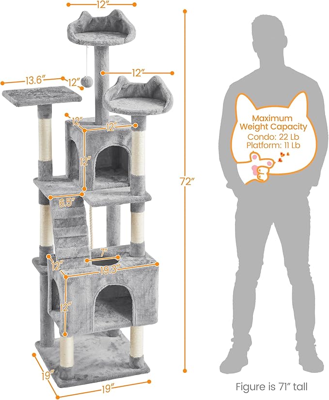 Yaheetech XL Cat Tree, 72in Multi-Level Cat Tower with 2 Cozy Caves, 3 Soft Perches, Scratching Posts, Board, and Dangling Ball, Cat Furniture Cat Play House Kittens, Light Gray
