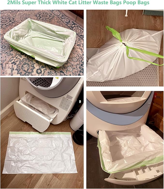 60 Count Cat Drawstring Litter Box Liners 26.6x16.7 inches 2Mils Super Thick White Cat Litter Waste Bags Poop Bags for Self-Cleaning Litter Box Cat Litter Pan Trays(Green Drawstring 60 count)