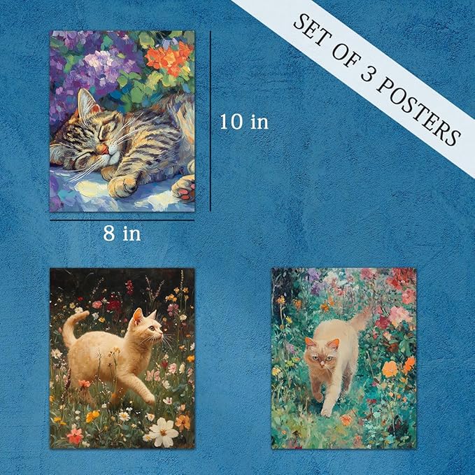 3 Pcs Cat Theme Poster Prints - 8"x10" Watercolor Floral Cats Home Paper Wall Art Decoration - Retro Posters Painting For Living Room,Bedroom,Bathroom - Gifts For Family & Friends - A02