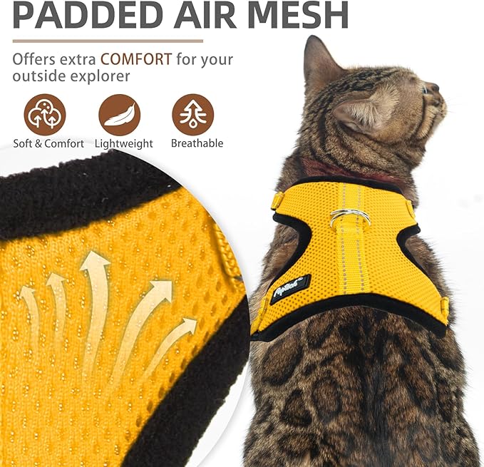 PUPTECK Cat Harness and Leash Set Escape Proof, Reflective Adjustable Soft Mesh Kitten Vest Harness for Walking Travel, Yellow, M