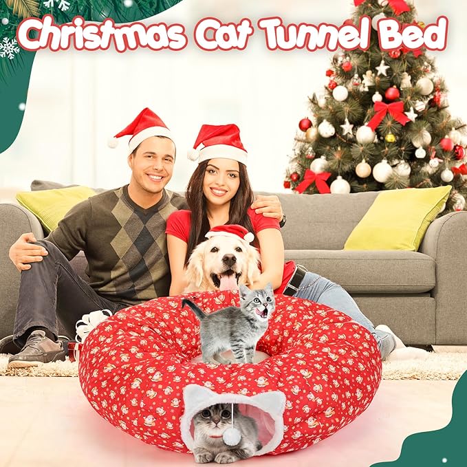 2.62ft x 2.62ft x 10.24in Christmas Cat Tunnel Bed Under Christmas Tree for Indoor Cat, Xmas Red Cute Cat Donut Tunnel with Washable Circle Cushion, Foldable Round Pet Tunnel Toy for Kitten