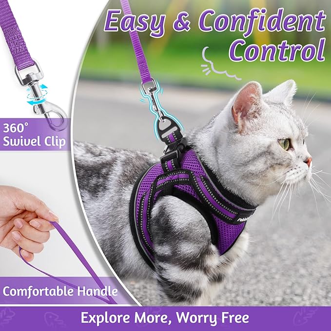 rabbitgoo Cat Harness and Leash Set for Walking Escape Proof, Adjustable Soft Kittens Vest with Reflective Strip for Cats, Comfortable Outdoor Vest, Purple, S