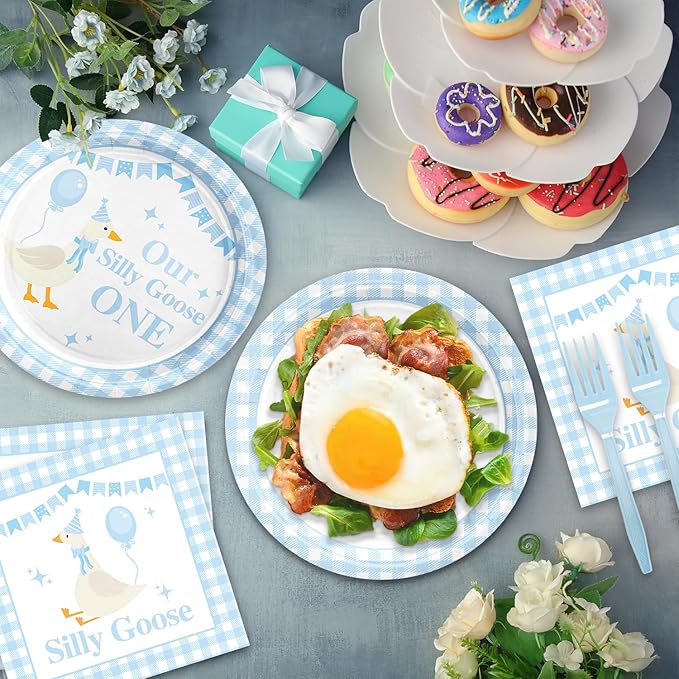 48Pcs One Silly Goose Birthday Decor Boy, Silly Goose 1st Happy Birthday Baby Shower Decorations with Blue Plates and Napkins Forks Set Party Supplies