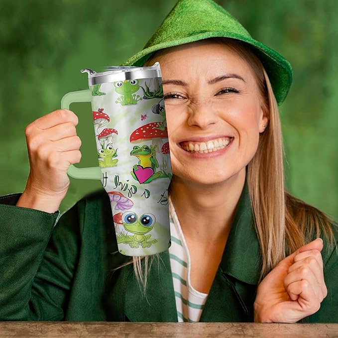 40 Oz Frog Tumbler with Handle and Straw - Double Wall Stainless Steel Insulated Coffee Mug - Leak Proof - Perfect Frog Gifts