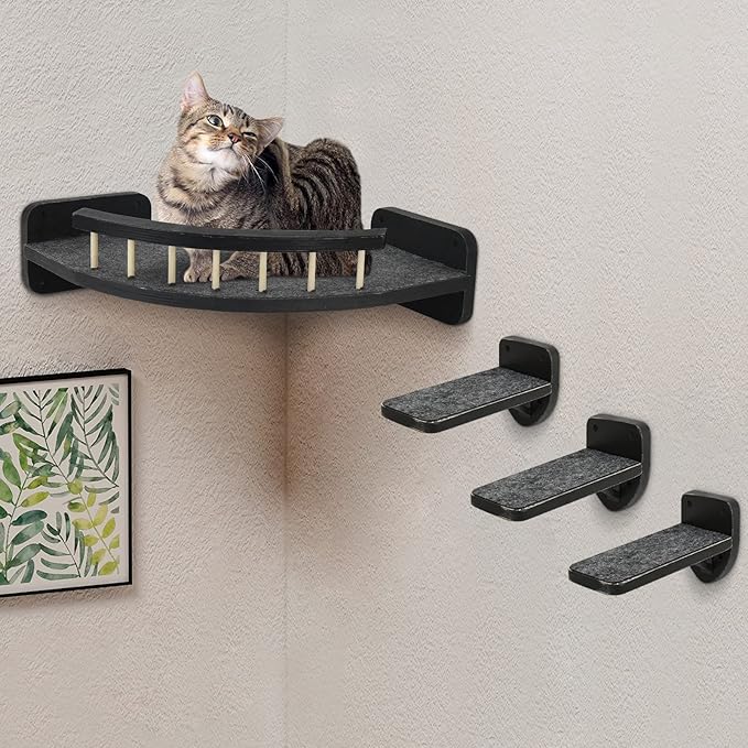 Cat Wall Furniture Cat Wall Shelves, Cat Shelves and Perches for Wall with 3 Cat Wall Steps, Cat Climbing Shelf, Cat Scratching Post Wall Cat Shelves for Indoor with Plush Covered, Cat Gift