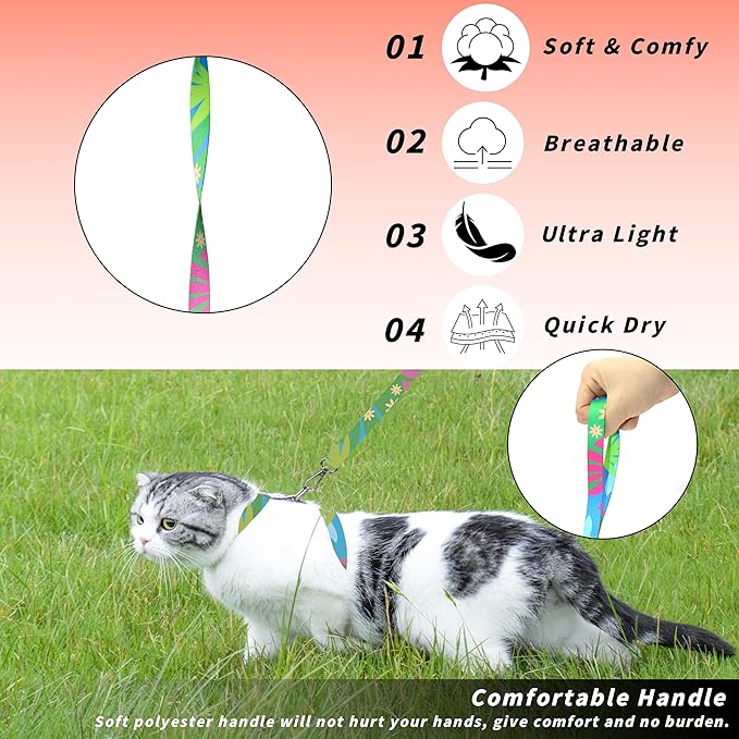 Cat Harness and Leash Set, Adjustable Kitten Harness Escape Proof Cats Harness, Soft Lightweight Walking Travel Pet Harness, Cute Kitty Harness Leash Set for Small Medium Cats, Hawaii Green