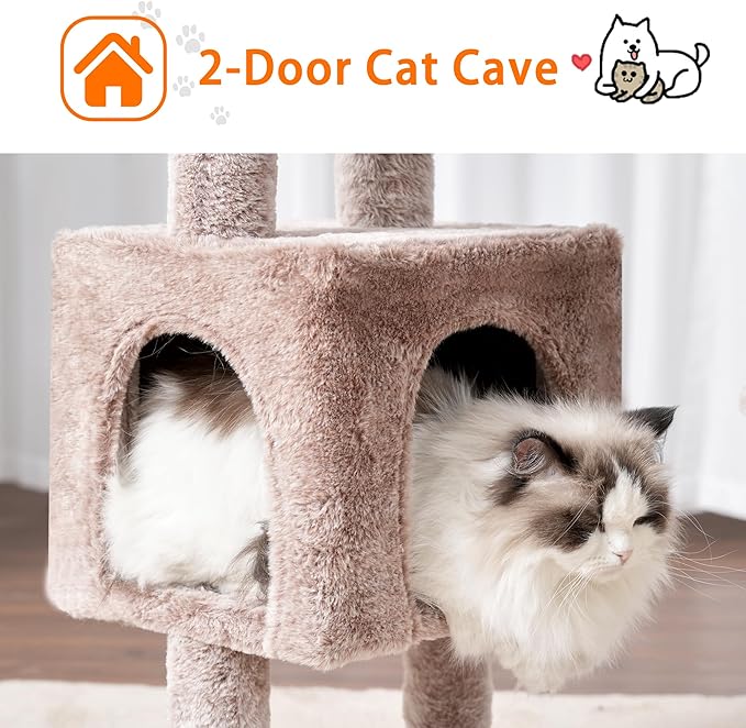Heybly Cat Tree, 39.4 Inches Tower Condo with Scratching Post, Cat Tower for Indoor Cats, Fully Wrapped Sisal Pole, Soft Platform, 2 Baskets and Dangling Toy, Muchroom HCT006SMU