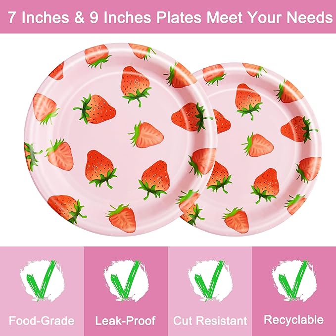 96 Pcs Strawberry Birthday Party Plates Napkins Forks Supplies Summer Fruit Tableware Set Disposable Strawberry Theme Decoration for Girls, Serves 24 Guests