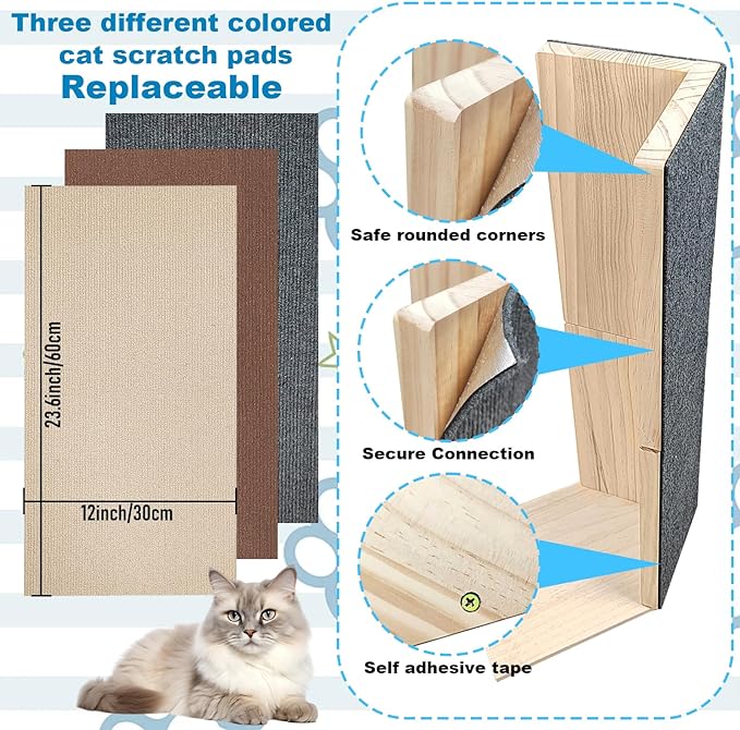 24" Tall Couch Corner Scratching Post with 3Pcs Replaceable Self-Adhesive Cat Scratching Post Carpet, Cat Scratch Pad Mat- Stylish Indoor Cat Scratcher Board Furniture Protector