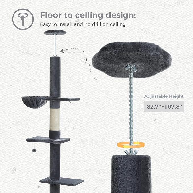 PETEPELA Floor to Ceiling Cat Tree, Cat Tower 5 Tiers Tall (83-108 Inches) Adjustable Height, Cat Climbing Tree Featuring with Cat Condo, Cat Scratching Post and Cat Perches for Indoor Cats, Daek Grey
