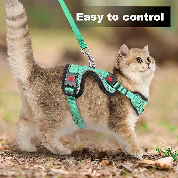 Cat Harness and Leash for Walking, Retractable Cat Harnesses and Leash Set Escape Proof, Breathable Soft Kitten Harness Small Large Cat Harness for Travel Training and Walking, Green, XXS