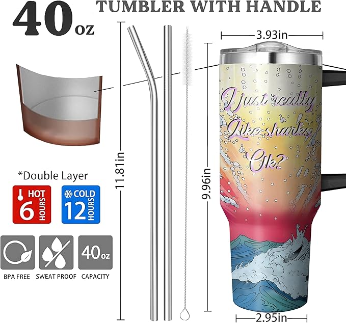 40 Oz Stainless Steel Tumbler with Handle and Straw, Double Wall Insulated Shark Cup with Straw, Leak Proof Shark Coffee Mug and Tumbler for Adults Gifts