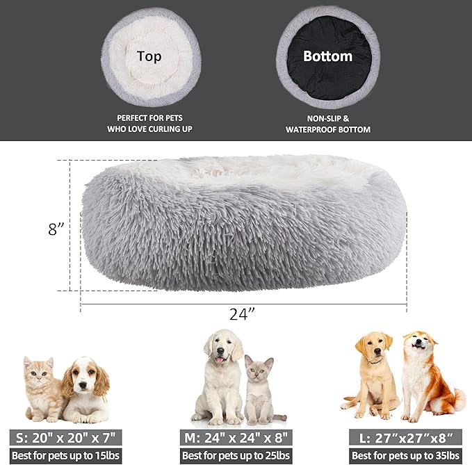 Something Different Calming Dog & Cat Bed, Anti-Anxiety Donut Cuddler Warming Cozy Soft Round Bed, Fluffy Faux Fur Plush Cushion Bed for Small Medium Dogs and Cats,24”,Grey