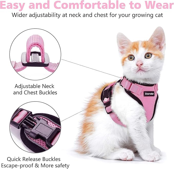 Dooradar Cat Harness and Leash Set, Escape Proof Safe Adjustable Kitten Vest Harnesses for Walking, Easy Control Soft Breathable Mesh Jacket with Reflective Strips for Cats, Pink, XXS