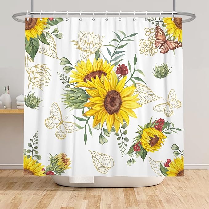 AWERT Vibrant Sunflower Shower Curtain for Bathroom,Waterproof Fabric Plants Shower Curtain with Hooks 72x84 inch