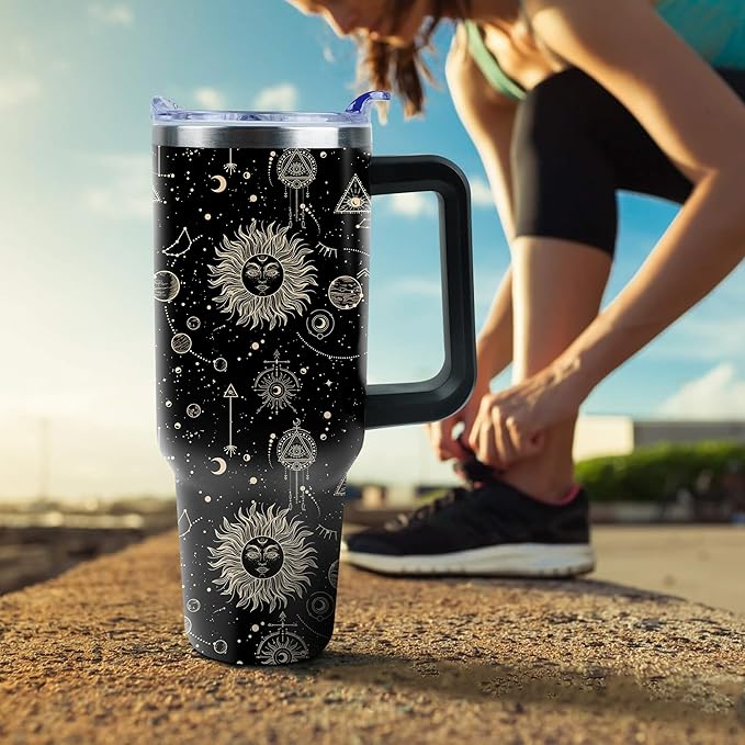 40 oz Tumbler with Handle and Straw, Stainless Steel Insulated Cup with Leak Proof Lid and Straw Lid, Keep Drinks Cold and Hot for Hours(Sun Moon)