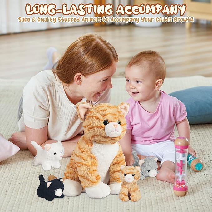 5 Pieces Cat Stuffed Animal Plush with Babies Inside, Mommy Stuffed Orange Tabby Cat with 4 Kittens Stuffed Animal, Kitty Cats Plushies Toys Pillow Plush for Kids Boys Girls Birthday Christmas Party