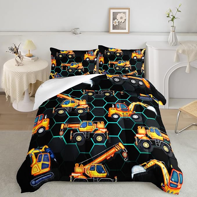 AILONEN Kids Cartoon Excavator Comforter Set Queen Size,Vehicles Construction Truck Bedding Set for Boys Teen,3 Piece Soft Duvet with 2 Pillowcases